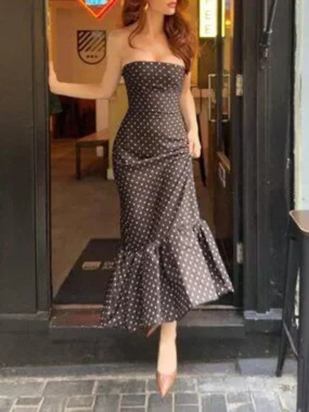 Coffee Brown Elegant Women's Strapless Polka Dot Maxi Dress